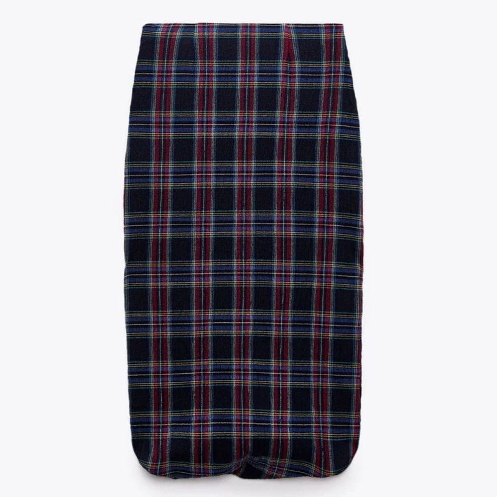 NWT - Zara - Blue and Red Plaid Midi Pencil Skirt - Medium